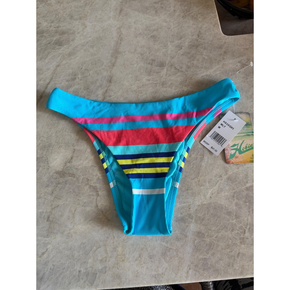 Hobie Women Ribbed Striped Bikini Bottoms Blue Multi HS3XQ93 Size Medium NWT